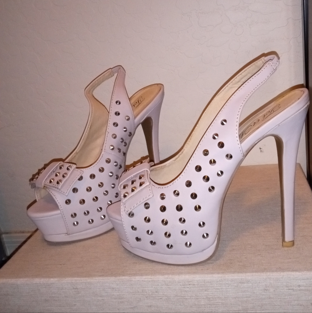 Blush Pink Peep Toe Faux Leather Studded Slingback Platform Heels 6.5